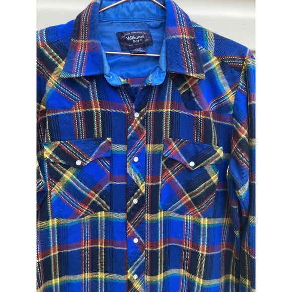 Vintage William's Bay Men's Flannel Shirt Blue Yellow, Red, Pearl Snap Large - Picture 4 of 15